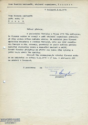ZO SK  Broumov  Hlen na SK, PS 19, Brno  termny schz a konn  Vron lensk schze 9.12.1970