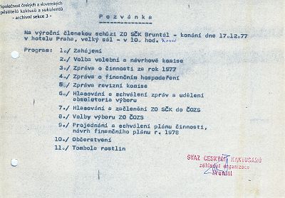 ZO SK Bruntl - Pozvnka na Vron lenskou schzi, 17.12.1977
