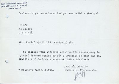 ZO SK Beclav - Hlen na SK, PS 19, Brno  termn konn  Vron lensk schze 16.12.1970