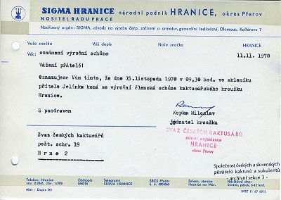 ZO SK Hranice - Hlen na SK, PS 19, Brno  termn konn  Vron lensk schze 15.12.1970