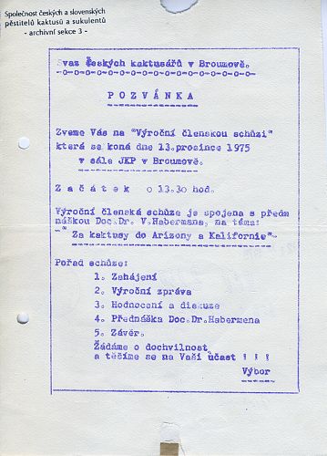 ZO  SČK  Broumov - Pozvánka na Výroční členskou schůzi, 13.12.1975