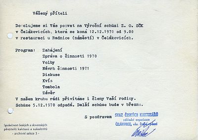 ZO SČK Čelákovice - Pozvánka na Výroční členskou schůzi, 12.12.1970