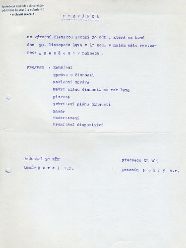 ZO SČK Doksy - Pozvánka na Výroční členskou schůzi, 28.11.1975