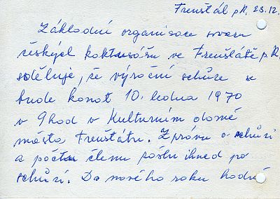 ZO SČK Frenštát pod Radhoštěm - Hlášení na SČK, PS 19, Brno – termín konání Výroční členské schůze 10.1.1970, rub korespondenčního lístu