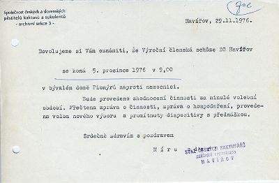ZO SČK Havířov - Pozvánka na Výroční členskou schůzi, 5.12.1976