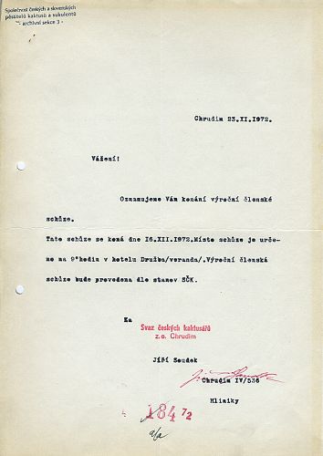 ZO SČK Chrudim - Pozvánka na Výroční členskou schůzi, 16.12.1972