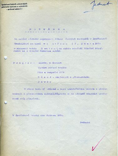 ZO SČK Jindřichův Hradec - Pozvánka na Výroční členskou schůzi, 27.2.1974