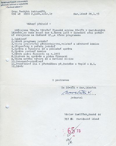 ZO SČK Mariánské Lázně - Hlášení na SČK, PS 19, Brno – termín konání  Výroční členské schůze 9.2.1973